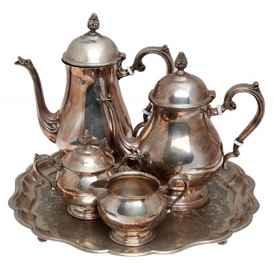 Чайно-кофейный набор из 5-ти предметов. Металл, глубокое серебрение, гравировка. Великобритания, первая половина XX века