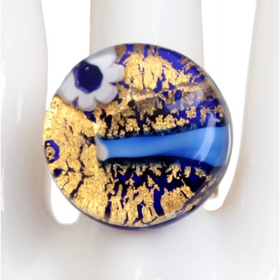 Кольцо коктейльное "Золото на голубом". Муранское стекло, бижутерный сплав золотого тона, ручная работа. Murano, Италия (Венеция)