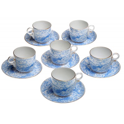 Чайный сервиз "Голубой павлин" на 6 персон, 12 предметов. Фарфор, деколь, золочение. Derby, Великобритания, начало ХХ века