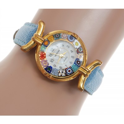 Часы женские наручные. Муранское стекло, искусственная кожа голубого цвета, перламутр, металл золотого тона. Murano, Италия (Венеция)