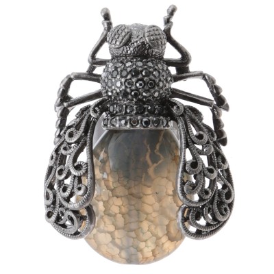 Кольцо "Серебряная муха". Гипоаллергенный ювелирный сплав, натуральный агат, стразы. Nina Ford, Испания