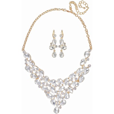 Комплект "Хрустальный свет": ожерелье и серьги от Arrina. Прозрачные кристаллы, бижутерный сплав золотого тона. Гонконг
