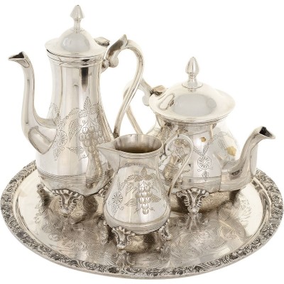 Чайно-кофейный набор из 4 предметов. Металл, глубокое серебрение E.P.N.S, гравировка. Великобритания, первая половина XX века