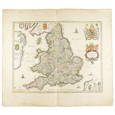 Географическая карта Англии с частью Шотландии и Ирландии. Гравюра. Западная Европа, около 1630 года
