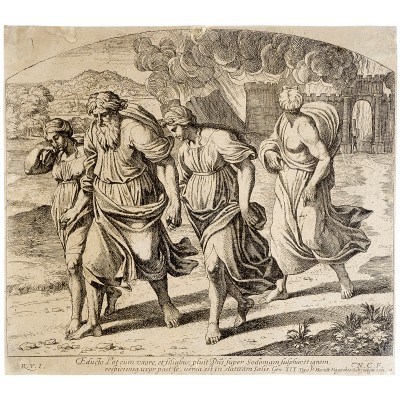 Бегство семейства Лота из Содома. Резцовая гравюра, офорт. Франция, 1640 год