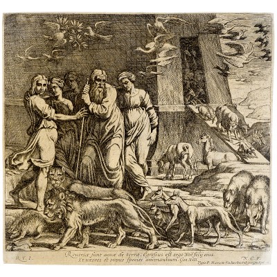 Сошествие с Ноева ковчега. Резцовая гравюра, офорт. Франция, 1640 год