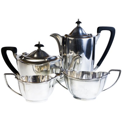 Чайно-кофейный набор из 4-х предметов эпохи Арт Деко. Металл, серебрение. Великобритания, первая половина 20 века