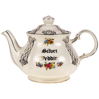 Чайник заварочный "Серебряная свадьба". Фарфор, деколь, серебрение. Sadler, Великобритания, вторая половина 20 века