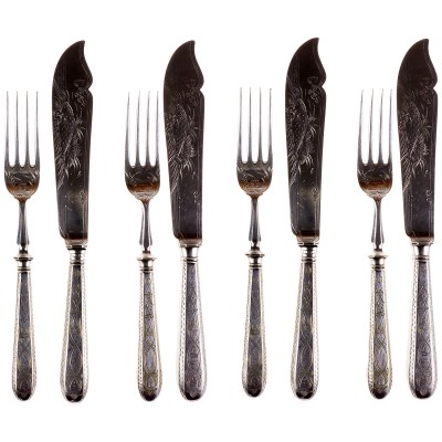 Набор для сервировки рыбных блюд, 8 предметов. Металл, серебрение, гравировка. Великобритания, конец 19 века