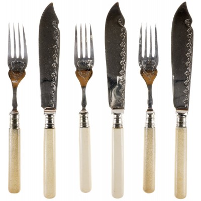 Набор вилок и ножей для рыбы, 6 предметов. Металл, серебрение. Великобритания, первая половина 20 века