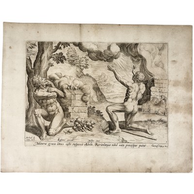 Хаделер. "Бог принимает жертву Авеля и отвергает жертву Каина".  Резцовая гравюра, Голландия, около 1600 г.