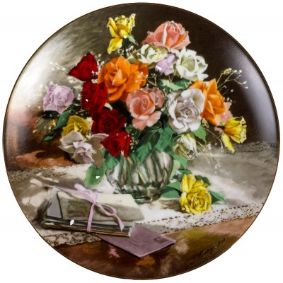 Вайон Морли "Розы", декоративная тарелка. Фарфор. WS George, США, 1988 год
