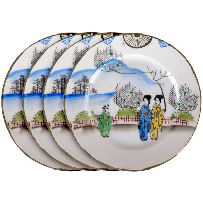 Комплект десертных тарелок "Гейши в саду", 4 шт. Фарфор. Япония, середина 20 века
