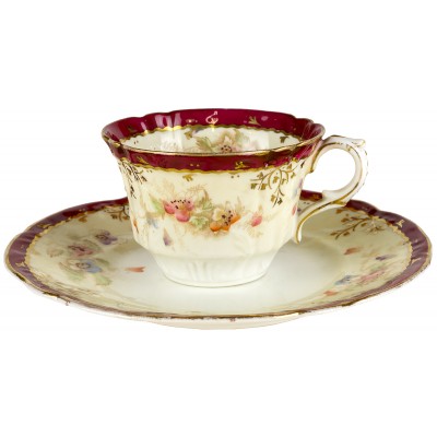 Чашка и десертая тарелка "Летний мотив". Английский фарфор, роспись, конец 19 века (с повреждением)