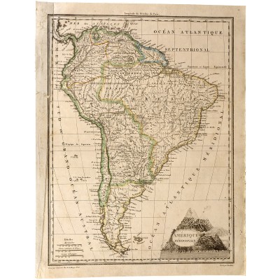 Карта Южной Америки. Резцовая гравюра с ручной подкраской. Франция, начало 19 века
