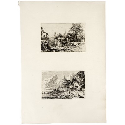 Дом вблизи замка. Рыбацкая хижина. Два офорта на одном листе. Франция,1870-е гг.