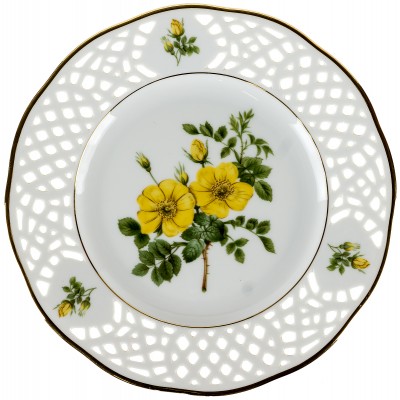 Декоративная тарелка "Желтый шиповник". Ажурный фарфор. Германия, вторая половина 20 века