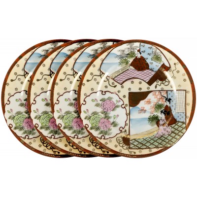 Комплект десертных тарелок "Утро в саду", 4 шт.. Фарфор, ручная роспись. Япония, середина 20 века (с повреждениями)