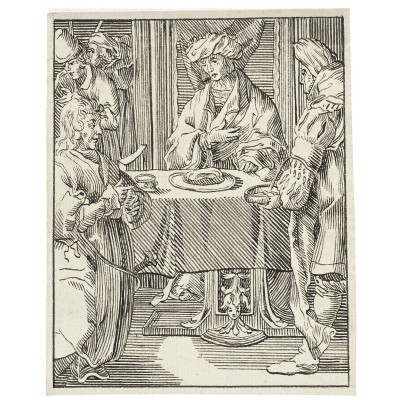  У стола. Ксилография, Швейцария, около 1570 года. Тобиас Штиммер