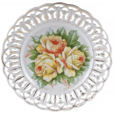 Декоративная тарелка "Желтые розы", прорезной фарфор, Англия, середина 20 века