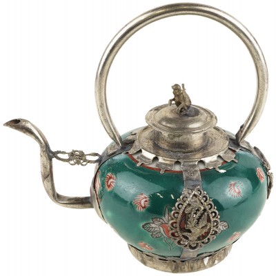 Декоративный тибетский чайник, фарфор, зеленый, вторая половина 20 века. Китай