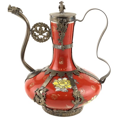 Декоративный тибетский чайник, фарфор, красный, вторая половина 20 века. Китай