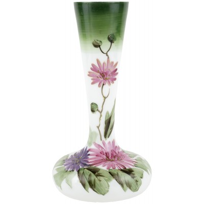 Антикварная ваза для цветов "Астры". Высота 21,5 см. Опаловое урановое стекло, ручная роспись. Великобритания, конец 19 века (скол)