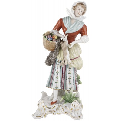 Статуэтка антикварная "Дама с корзиной и кроликом". Sitzendorf. Германия