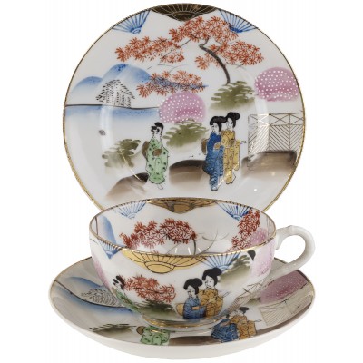 Чайное трио "Гейши в саду", фарфор. Япония, винтаж, середина 20 века (трещина)