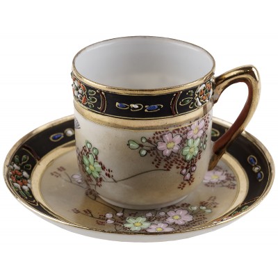 Кофейная пара "Цветы и птички", Фарфор, Япония, винтаж, середина 20 века (с нюансом) Кофейная пара "Цветы и птички", Фарфор, Япония, винтаж, середина 20 века (с нюансом)