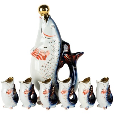 Графин - штоф и 6 стопок "Рыбы", для водки синий, Фарфор, СССР, Полонное ЗХК, вторая половина 20 века