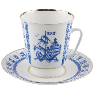 Чайная пара "Кораблик", Фарфор, винтаж, ЛФЗ, СССР, вторая половина 20 века (с нюансом) Чайная пара "Кораблик", Фарфор, винтаж, ЛФЗ, СССР, вторая половина 20 века (с нюансом)
