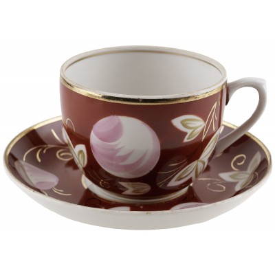 Чайная пара "Вишня", Фарфор, винтаж, Вербилки, СССР, 1954-1965 гг.(потертости)