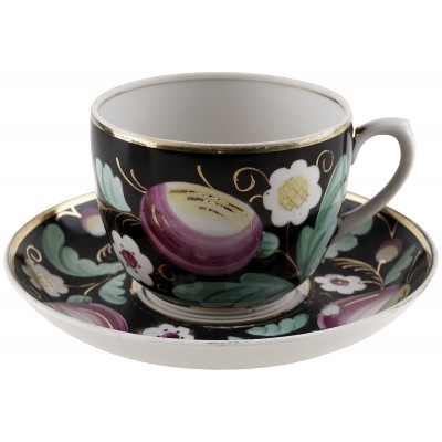 Чайная пара "Слива", Фарфор, винтаж, Вербилки, СССР, 1954-1965 гг. (с потертостями)