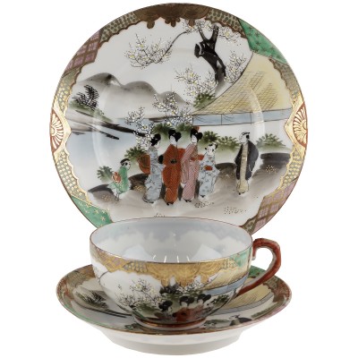 Чайное трио "Три гейши на прогулке". Фарфор, ручная роспись. Япония, винтаж, середина 20 века (нюанс)