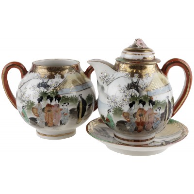 Набор для сервировки чайного стола: сахарница, молочник, тарелка "Три гейши на прогулке". винтаж, Фарфор, ручная роспись. Япония, середина 20 века