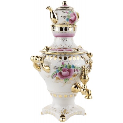 Самовар декоративный с чайничком, фарфор, Гжель, СССР, 1970-е гг. (с нюансом)