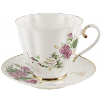 Чайная пара "Розы", фарфор, винтаж, ЛФЗ, Россия, конец 20 века (скол)