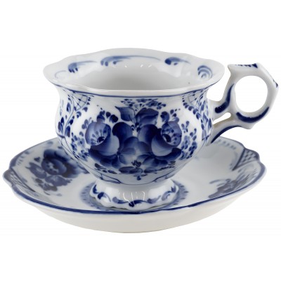Чайная пара "Букет", фарфор, винтаж, Гжель, Россия, начало 21 века Чайная пара "Букет", фарфор, винтаж, Гжель, Россия, начало 21 века