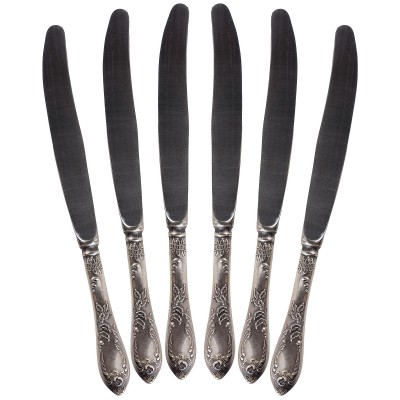 Набор столовых ножей, 6 шт, мельхиор, винтаж, Вольнянский завод им. Шевченко ЗiШ, СССР, 1960 гг. Набор столовых ножей, 6 шт, мельхиор, винтаж, Вольнянский завод им. Шевченко ЗiШ, СССР, 1960 гг.