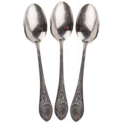 Набор столовых ложек для супа, 3 шт, мельхиор, виниаж, Киевский завод им. Дзержинского ЗиД, СССР, 1950-1960 гг. Набор столовых ложек для супа, 3 шт, мельхиор, виниаж, Киевский завод им. Дзержинского ЗиД, СССР, 1950-1960 гг.