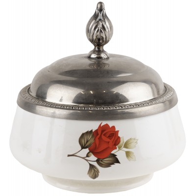 Сахарница с крышкой "Красные розы", Falstaff, Фарфор, серебрение, Великобритания, диаметр 13 см, винтаж, середина 20 века