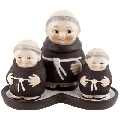 Набор для сервировки "Три монаха": перечница, солонка, сахарница, поднос. Фарфор, Goebel Hummel. Германия, винтаж, середина 20 века Набор для сервировки "Три монаха": перечница, солонка, сахарница, поднос. Фарфор, Goebel Hummel. Германия, винтаж, середина 20 века