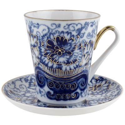 Бокал чайный с блюдцем "Синие цветы", фарфор, винтаж, ЛФЗ, СССР, вторая половина 20 века Бокал чайный с блюдцем "Синие цветы", фарфор, винтаж, ЛФЗ, СССР, вторая половина 20 века