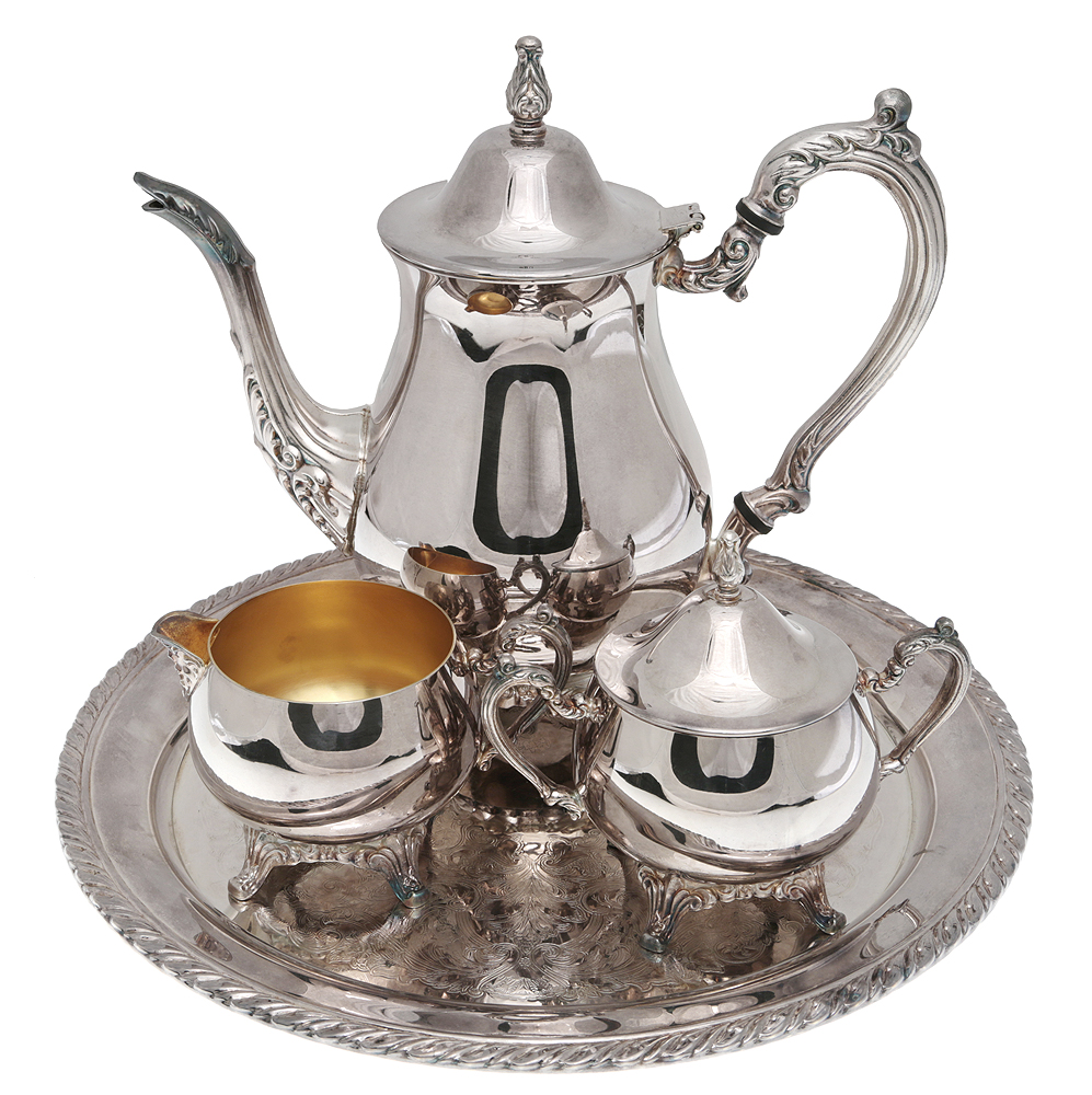 Кофейно чайный набор. Кофейный набор из 4-х предметов. Металл, серебрение. Чайный сервиз Онейда металл. Кофейный набор Борк кофейник. Чайный набор мельхиоровый Эталон.